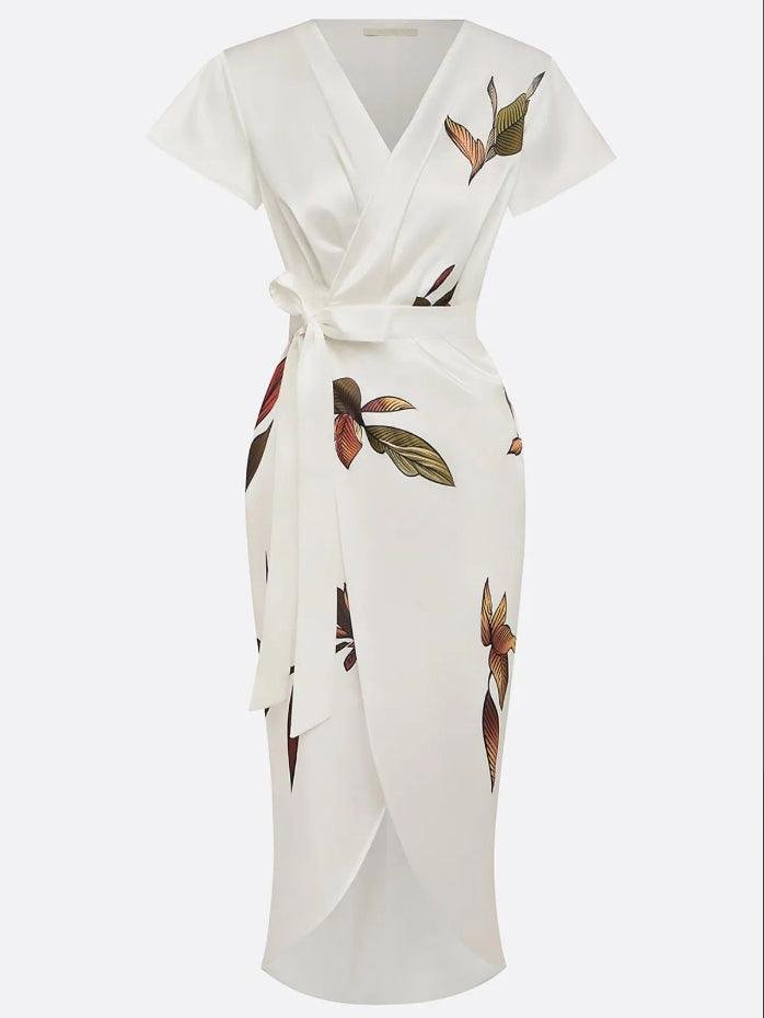 Floral Print V-Neck Wrap Midi Dress for Women