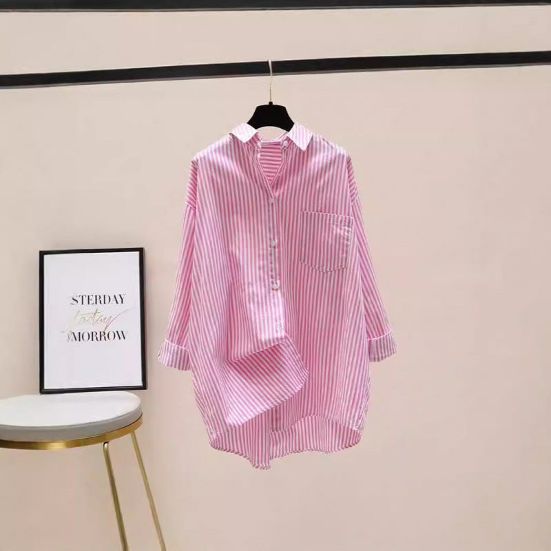 Striped Oversized Long Sleeve Collared Shirt for Women