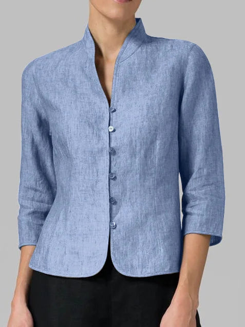 Mandarin Collar 3/4 Sleeve Button-Down Blouse for Women