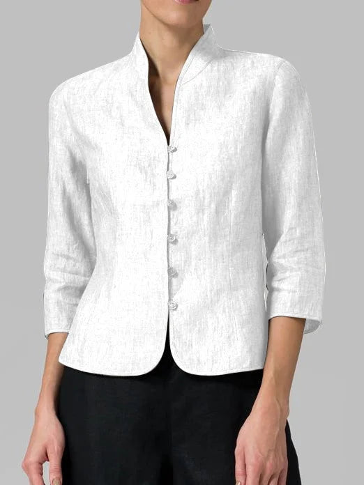 Mandarin Collar 3/4 Sleeve Button-Down Blouse for Women