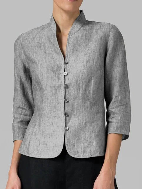 Mandarin Collar 3/4 Sleeve Button-Down Blouse for Women