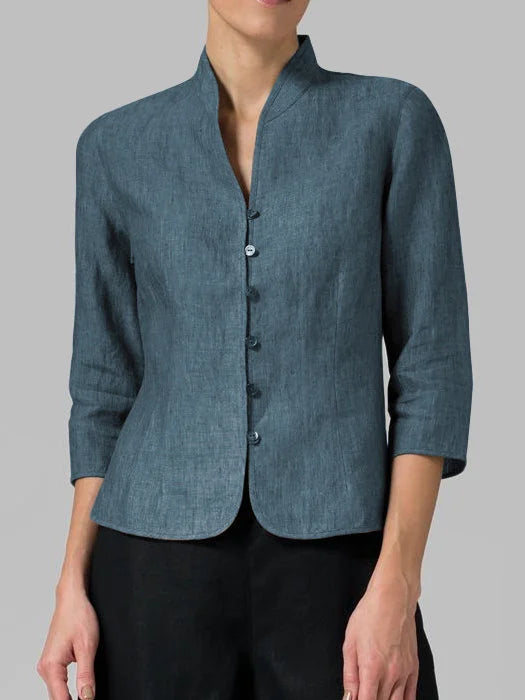 Mandarin Collar 3/4 Sleeve Button-Down Blouse for Women