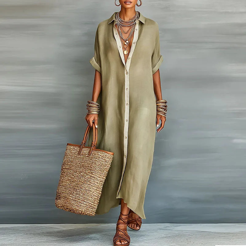 Button-Down Collared Maxi Shirt Dress for Women