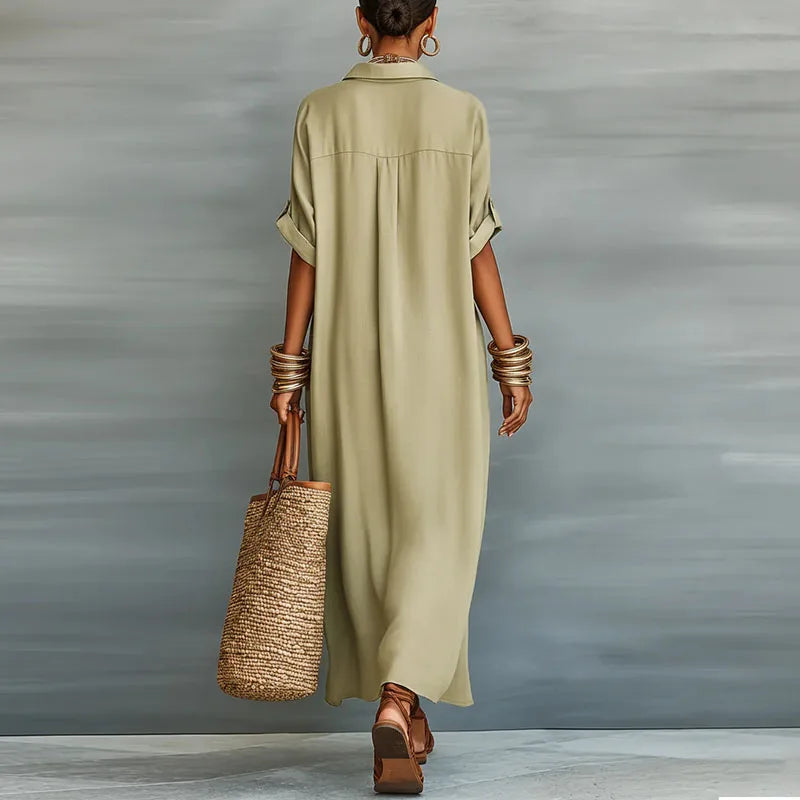 Button-Down Collared Maxi Shirt Dress for Women
