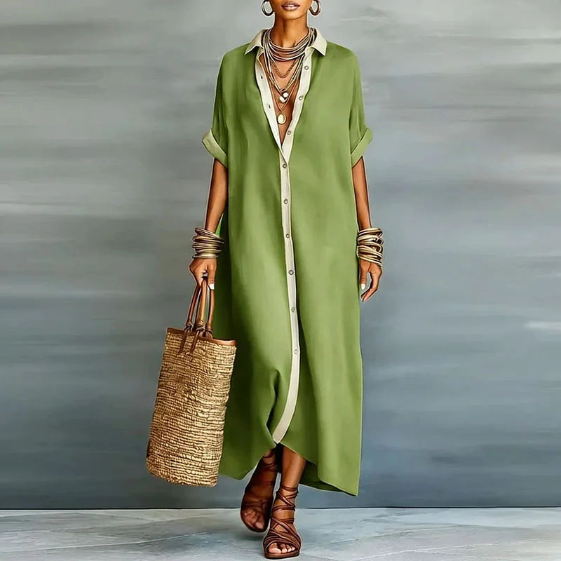 Button-Down Collared Maxi Shirt Dress for Women