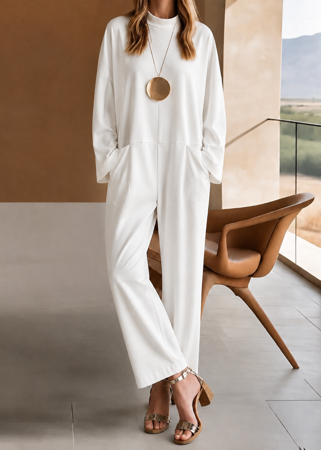 Long Sleeve Crew Neck Wide Leg Jumpsuit for Women