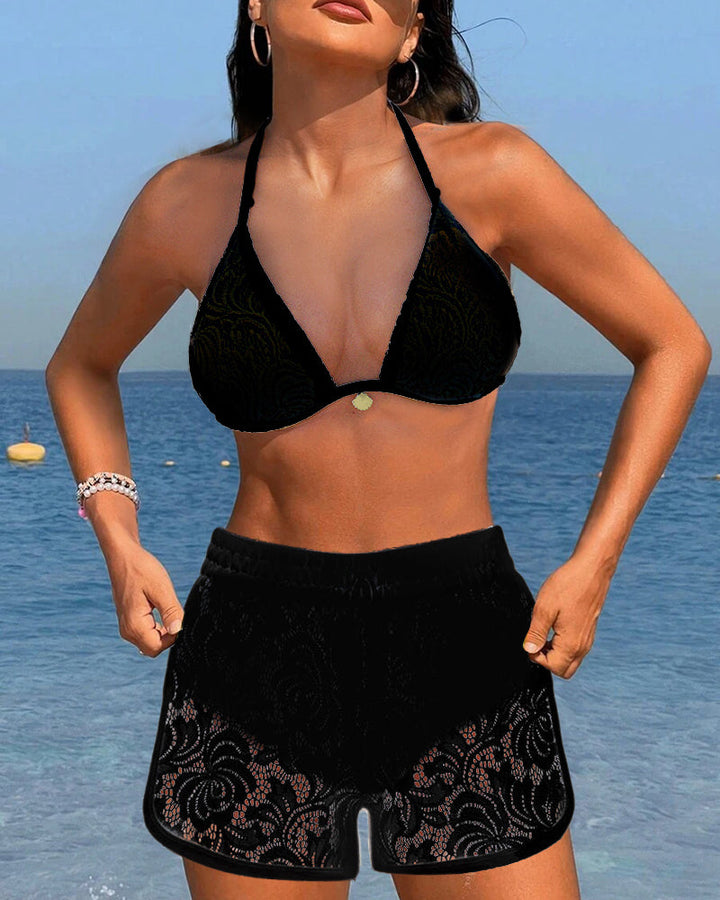Lace Triangle Halter Bikini Set for Women