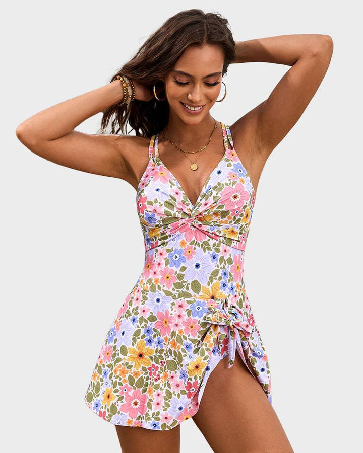 V-Neck Twist-Front Skirted Swim Dress for Women