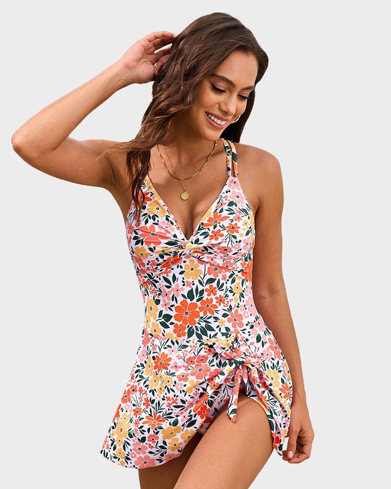 V-Neck Twist-Front Skirted Swim Dress for Women