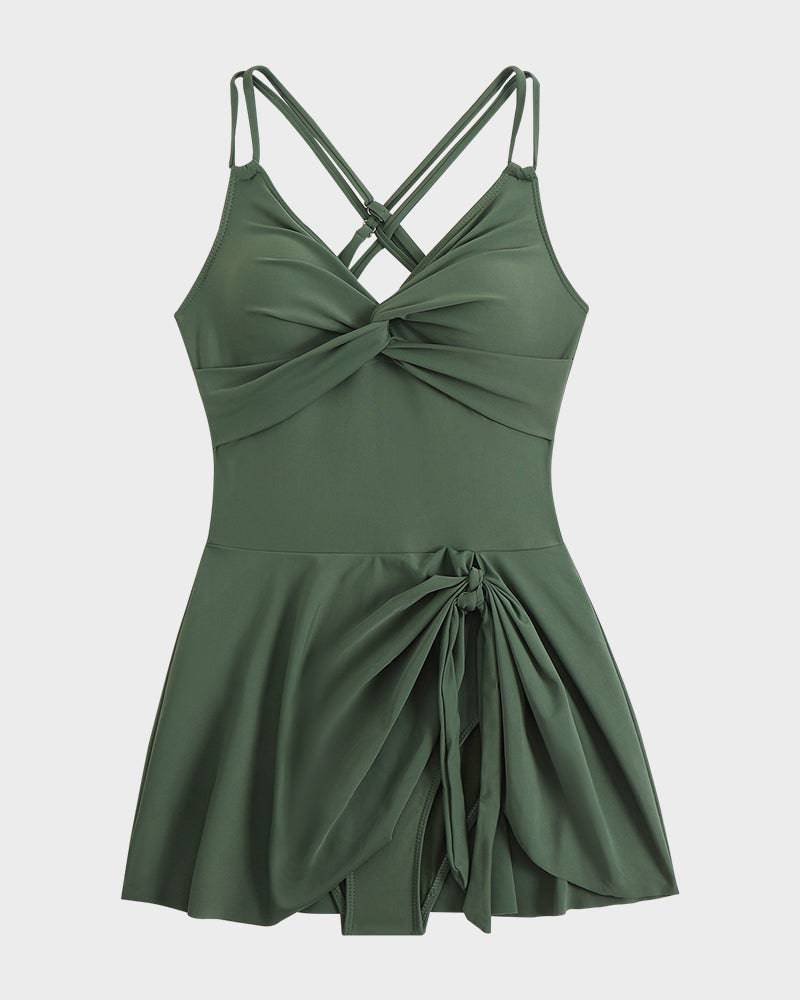 V-Neck Twist-Front Skirted Swim Dress for Women