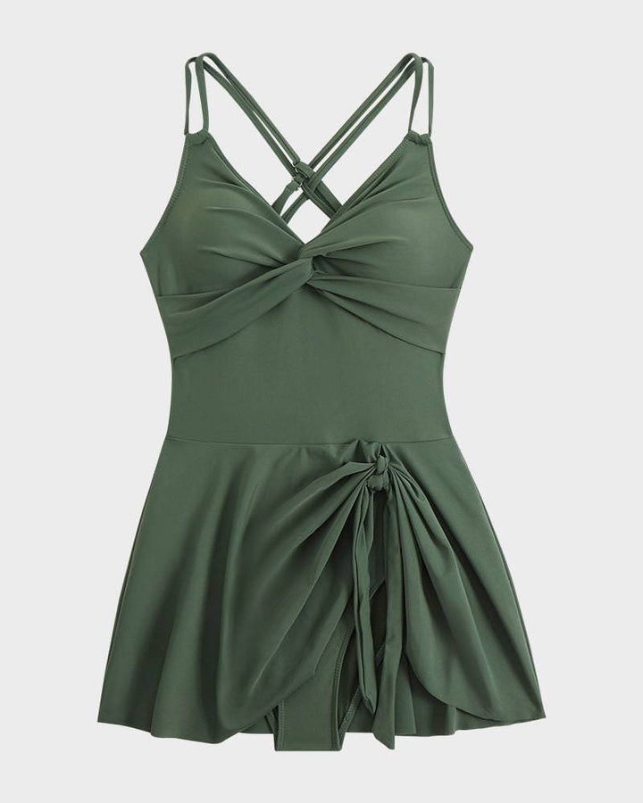 V-Neck Twist-Front Skirted Swim Dress for Women