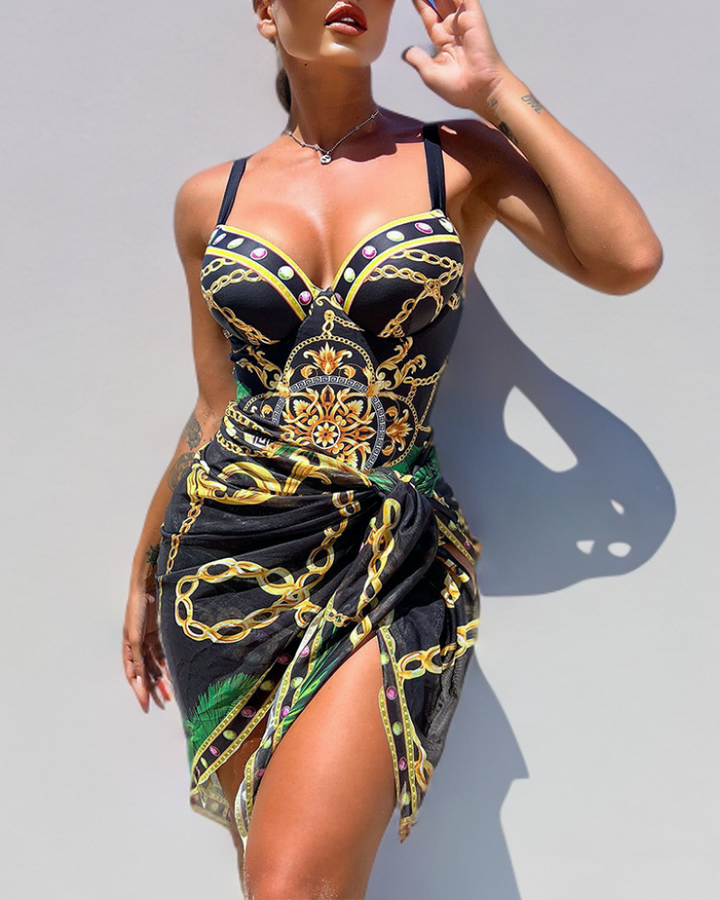 Print Push Up Tummy Control Swimsuit with Wrap Skirt for Women