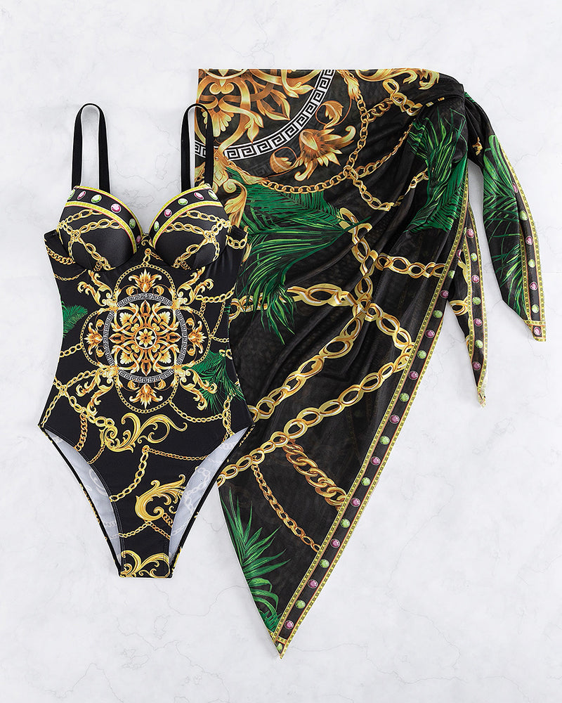 Print Push Up Tummy Control Swimsuit with Wrap Skirt for Women
