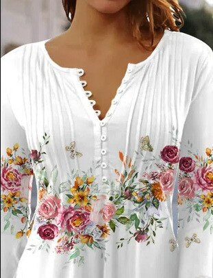 Floral Long Sleeve Henley Blouse for Women