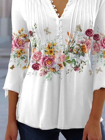 Floral Long Sleeve Henley Blouse for Women