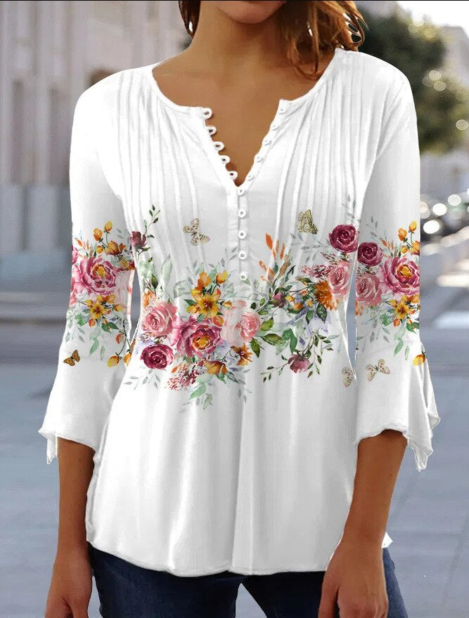 Floral Long Sleeve Henley Blouse for Women