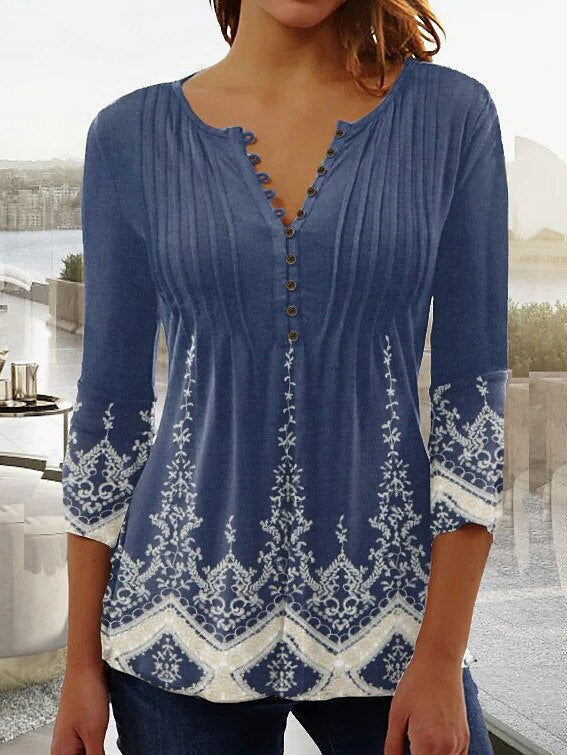 Floral Long Sleeve Henley Blouse for Women