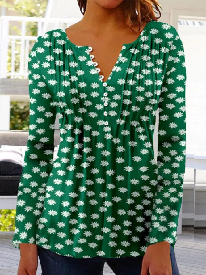 Floral Long Sleeve Henley Blouse for Women