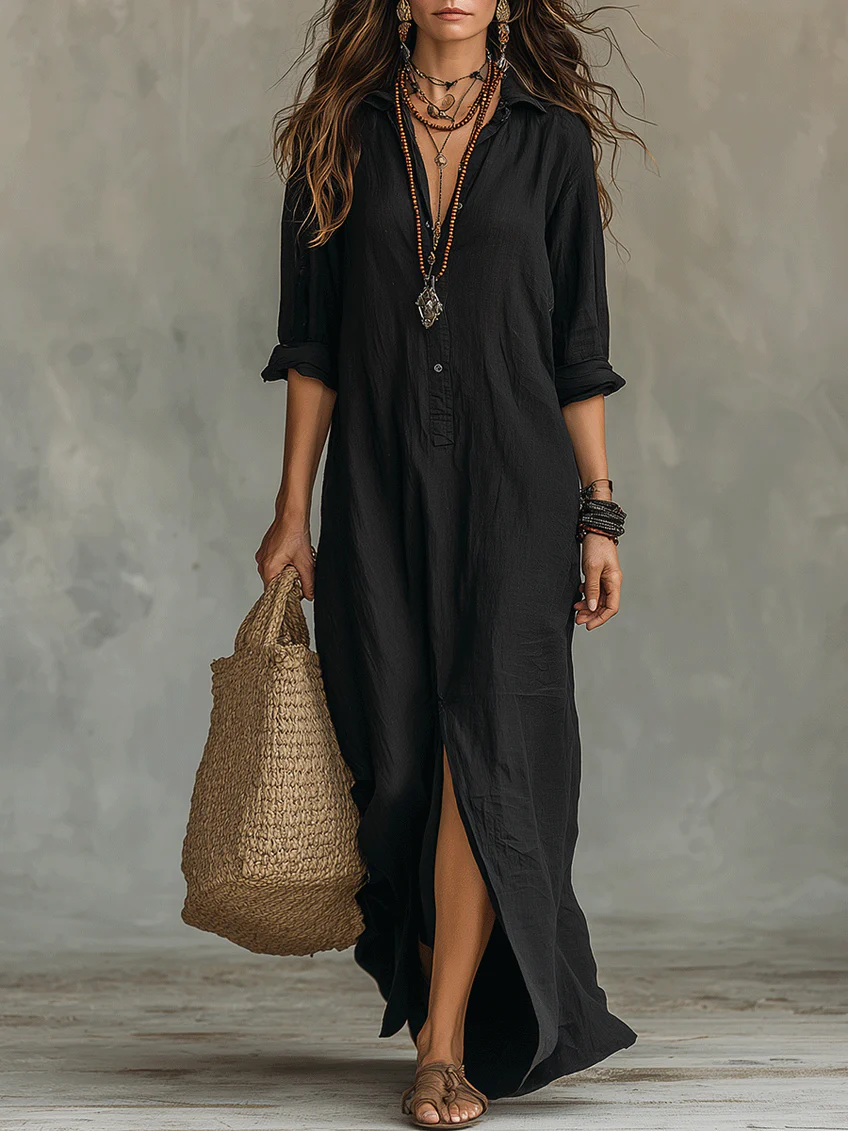 Button-Down Long Sleeve Maxi Shirt Dress for Women