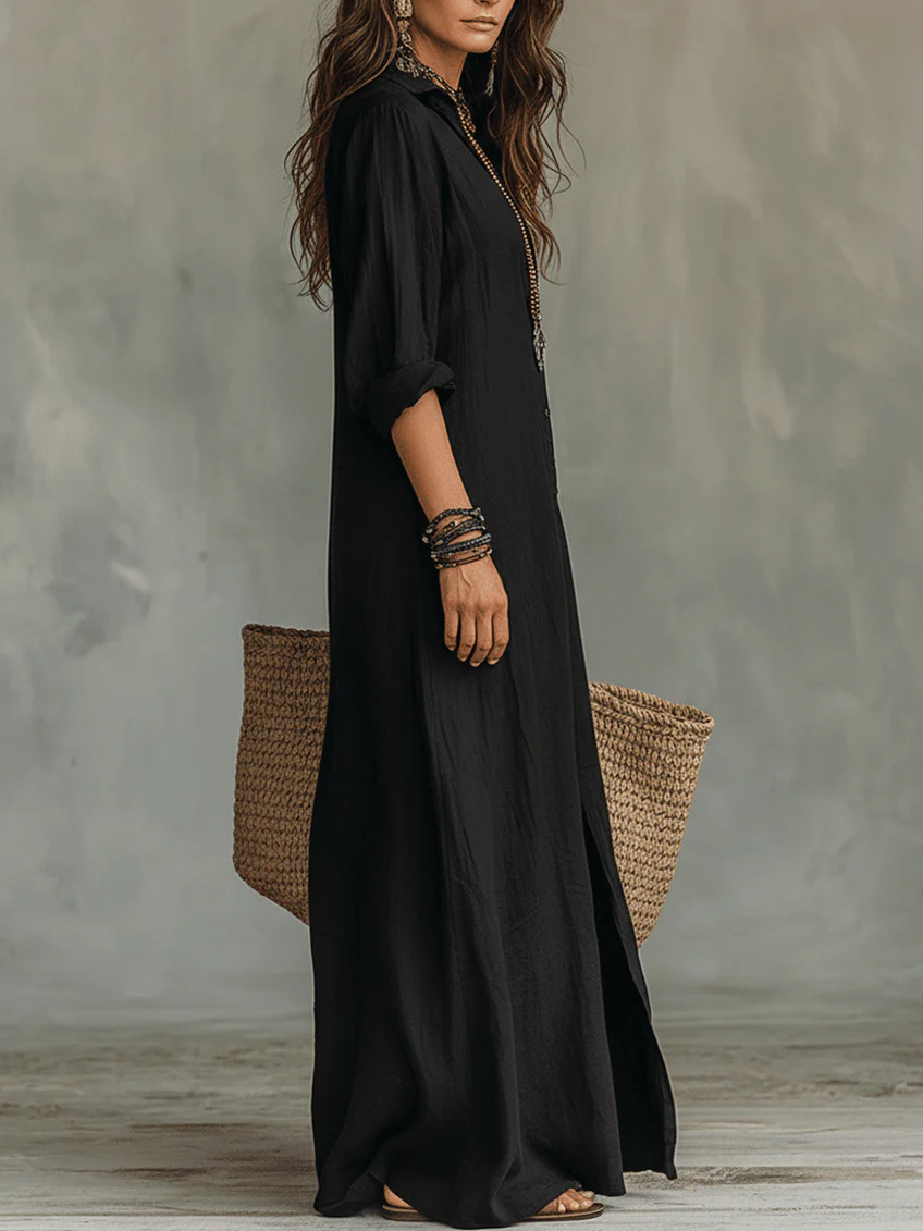 Button-Down Long Sleeve Maxi Shirt Dress for Women