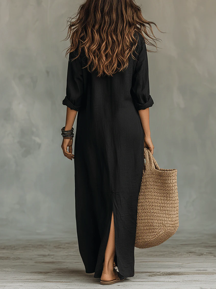 Button-Down Long Sleeve Maxi Shirt Dress for Women