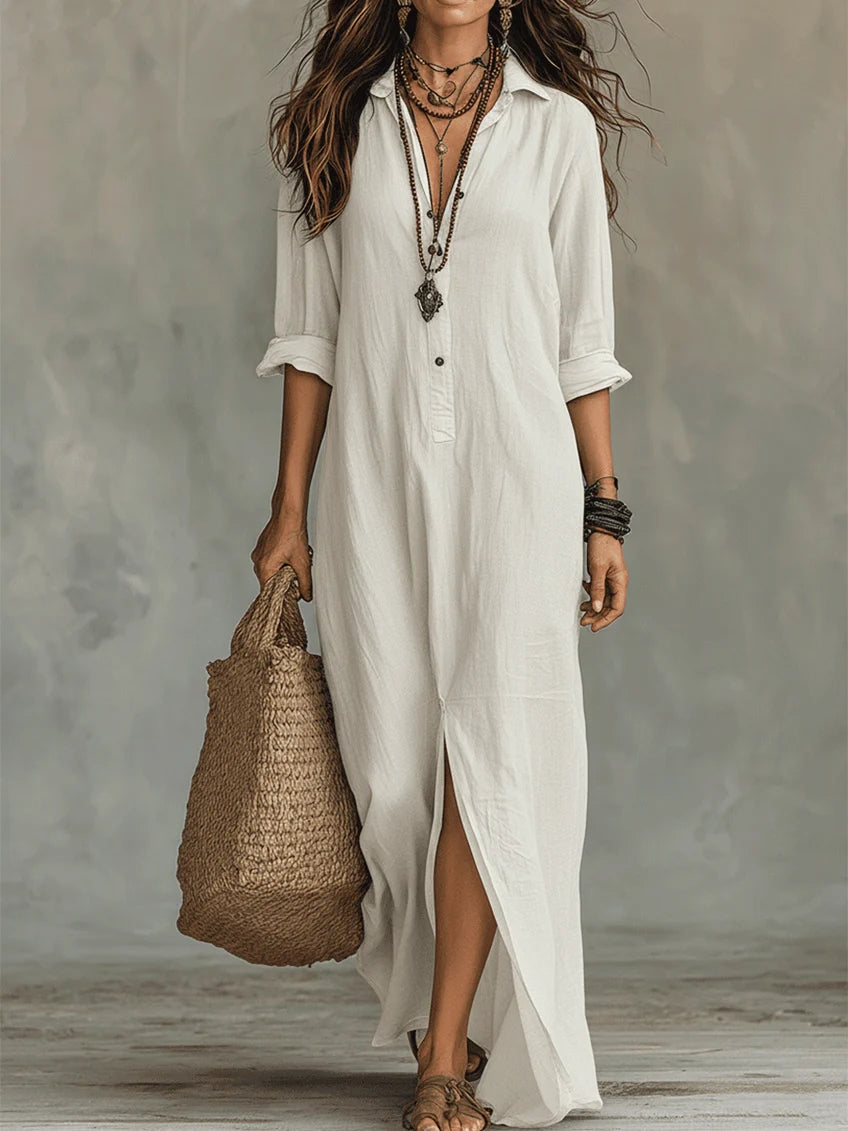 Button-Down Long Sleeve Maxi Shirt Dress for Women