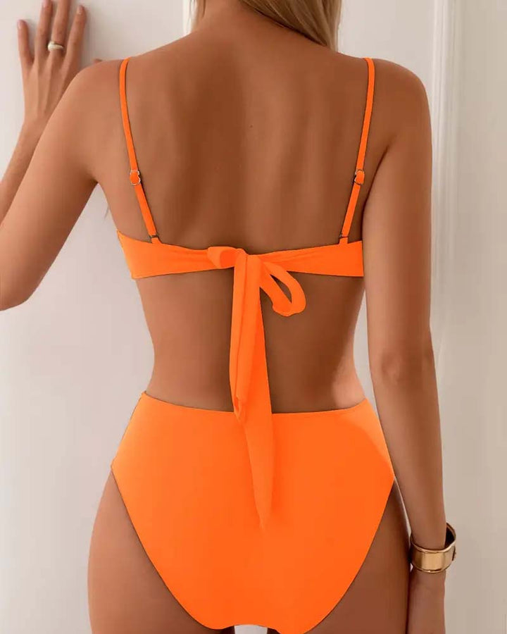 High Waisted Bandeau Bikini Set for Women with Gold Hardware Detail