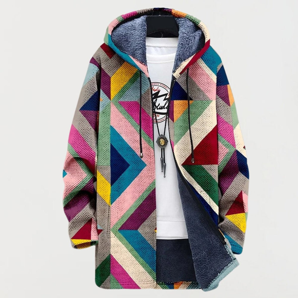 Oversized colorful patchwork hoodie featuring cozy fleece interior and long sleeves