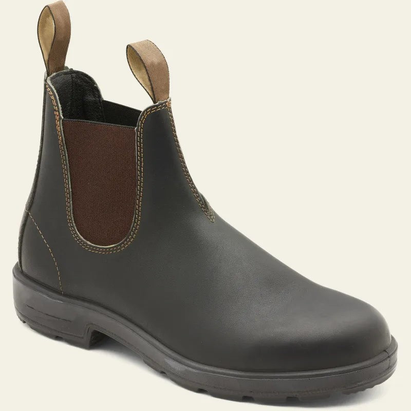Brown leather Chelsea boot with elastic side panels and pull tabs
