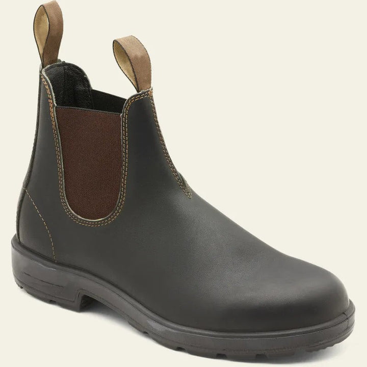 Brown leather Chelsea boot with elastic side panels and pull tabs