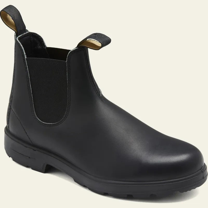 Black leather Chelsea boot featuring elastic gussets and pull loops