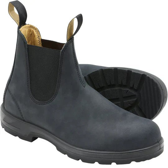 Pair of black leather Chelsea boots showing tread on sole