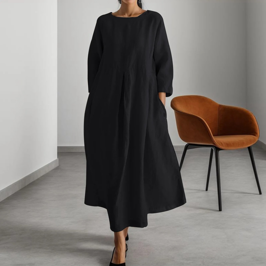 Round Neck 3/4 Sleeve Relaxed A-Line Maxi Dress for Women