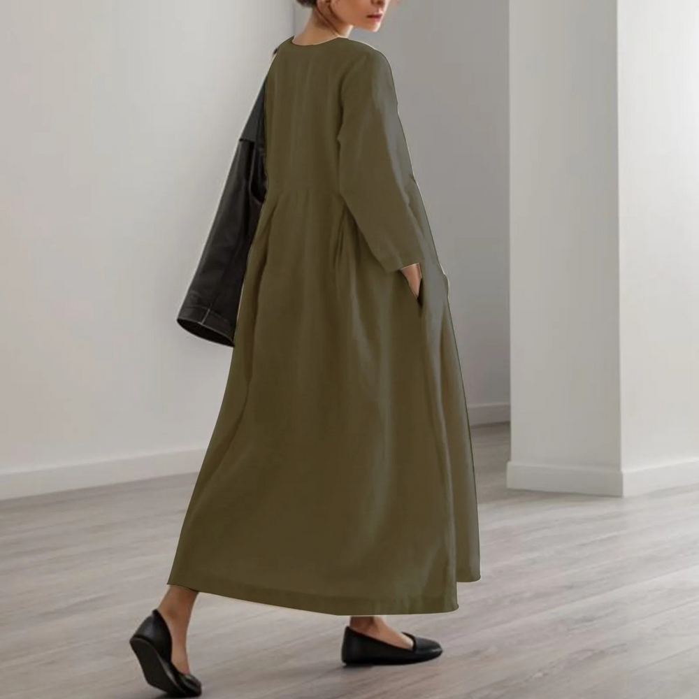 Round Neck 3/4 Sleeve Relaxed A-Line Maxi Dress for Women