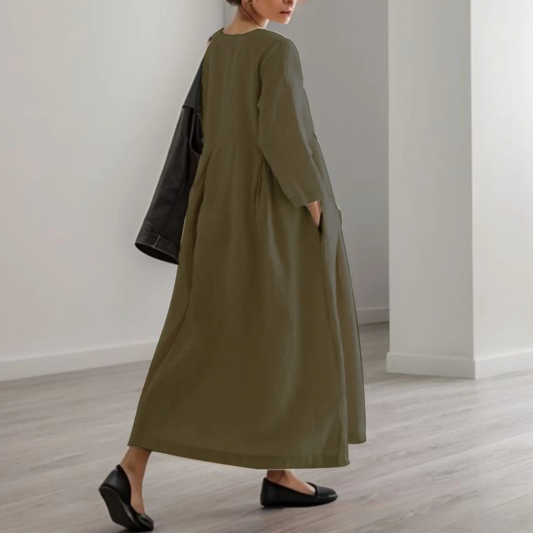 Round Neck 3/4 Sleeve Relaxed A-Line Maxi Dress for Women