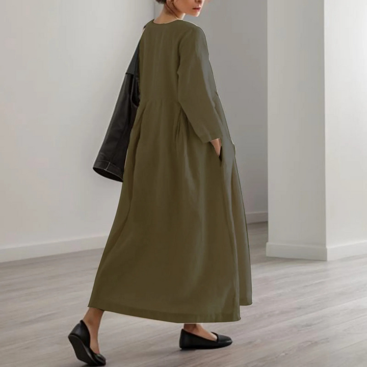 Round Neck 3/4 Sleeve Relaxed A-Line Maxi Dress for Women