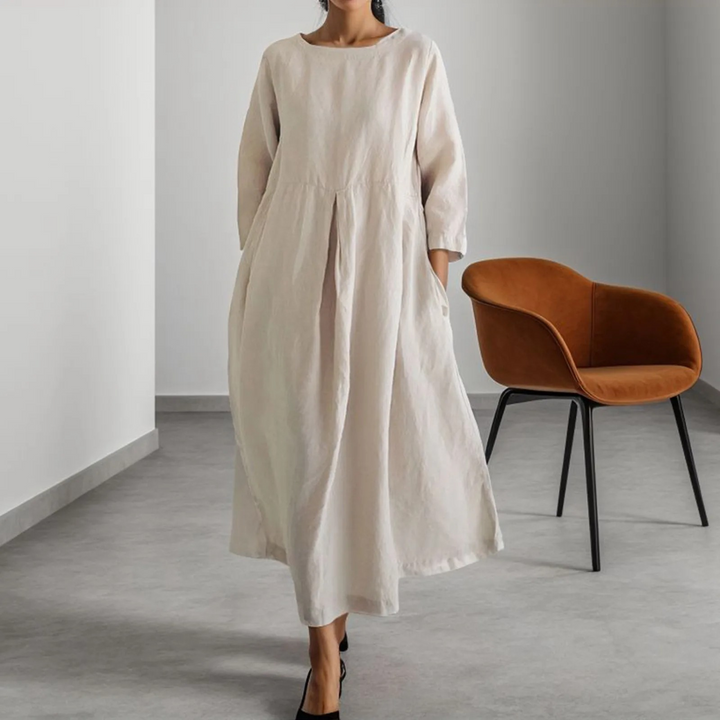 Round Neck 3/4 Sleeve Relaxed A-Line Maxi Dress for Women