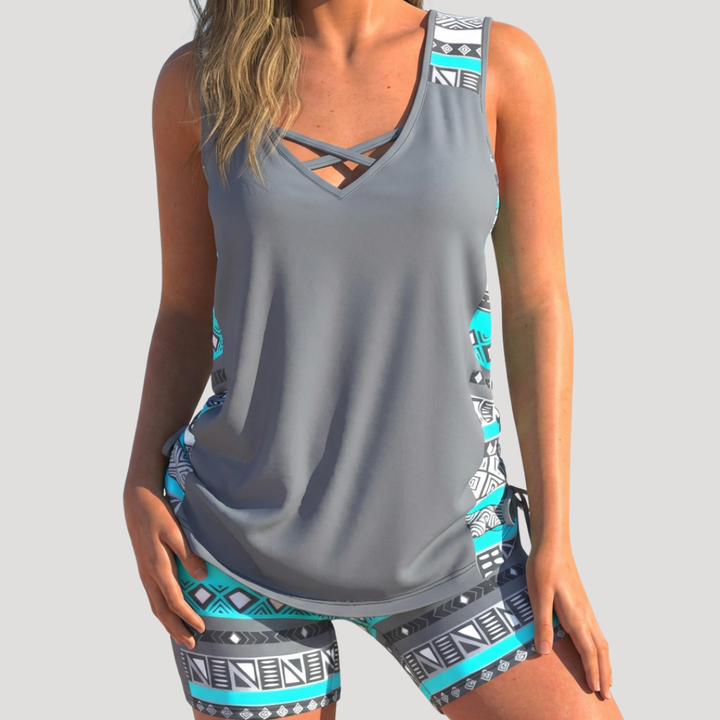 Geometric Print Crisscross V-Neck Tankini with Shorts for Women