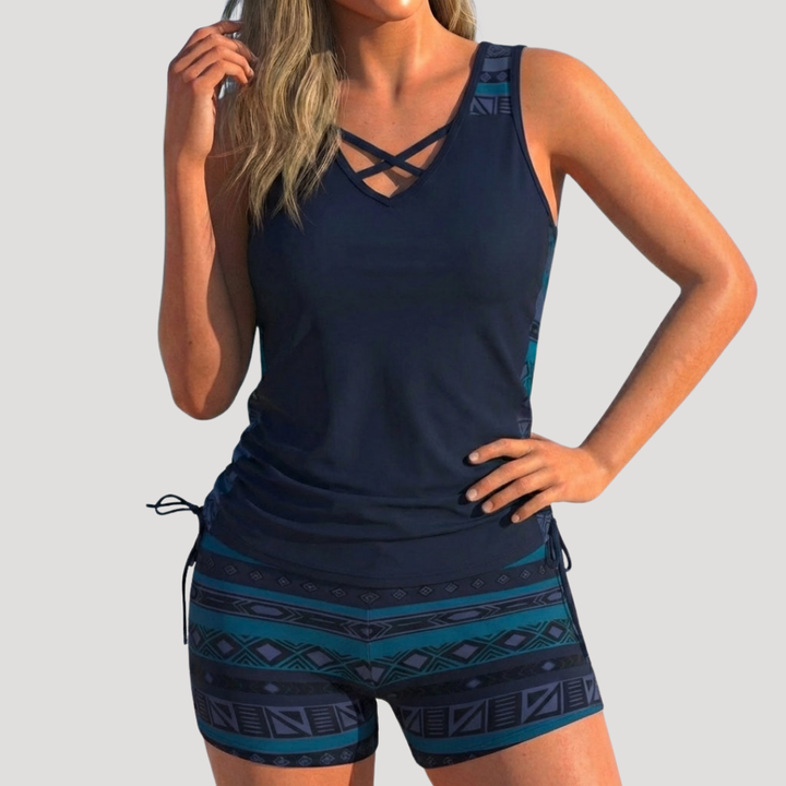 Geometric Print Crisscross V-Neck Tankini with Shorts for Women