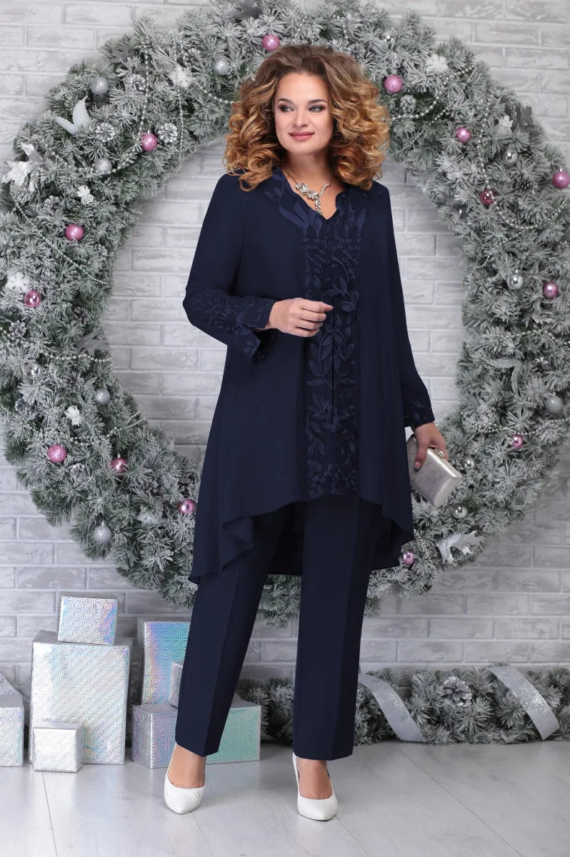 Plus Size Lace Short Sleeve Two-Piece Pant Suit Set for Women