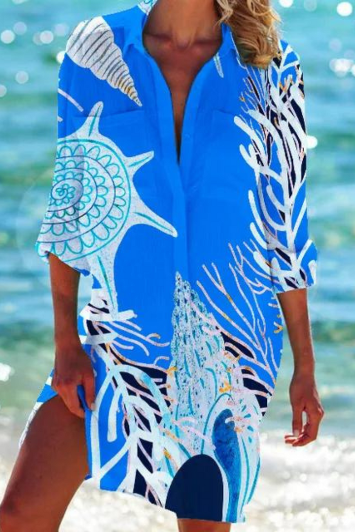 Marine Print Button-Down Beach Cover Up for Women
