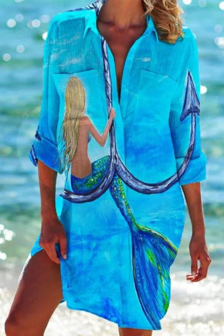 Marine Print Button-Down Beach Cover Up for Women