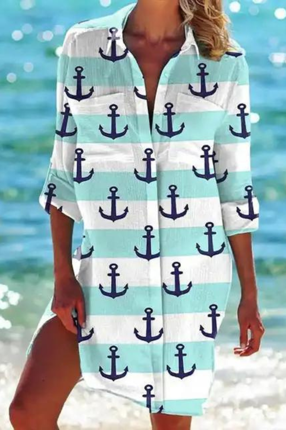 Marine Print Button-Down Beach Cover Up for Women