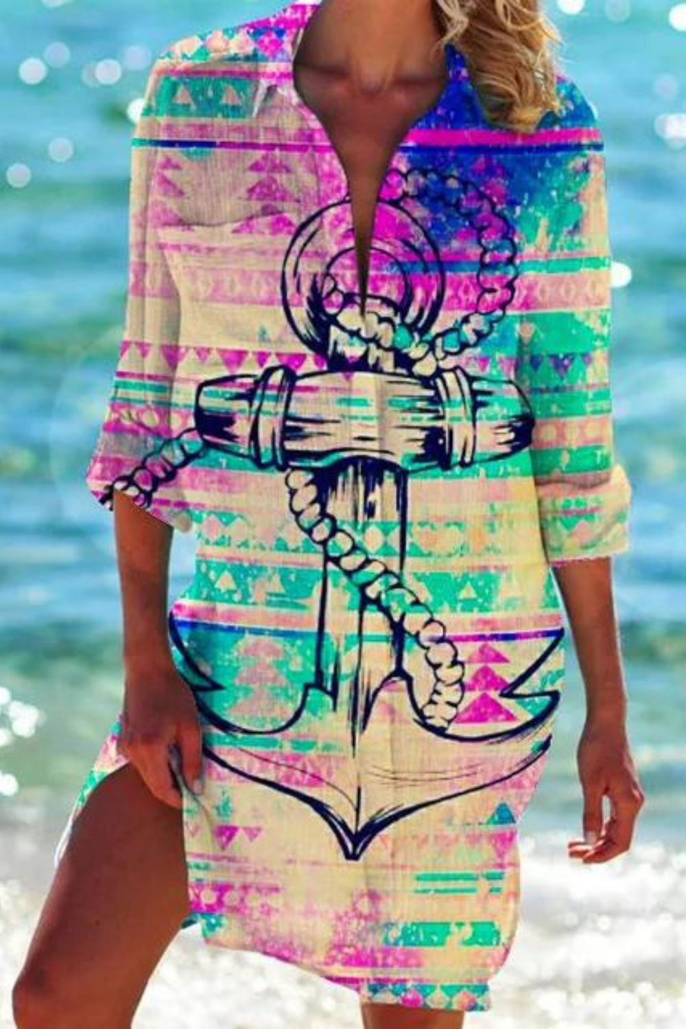 Marine Print Button-Down Beach Cover Up for Women