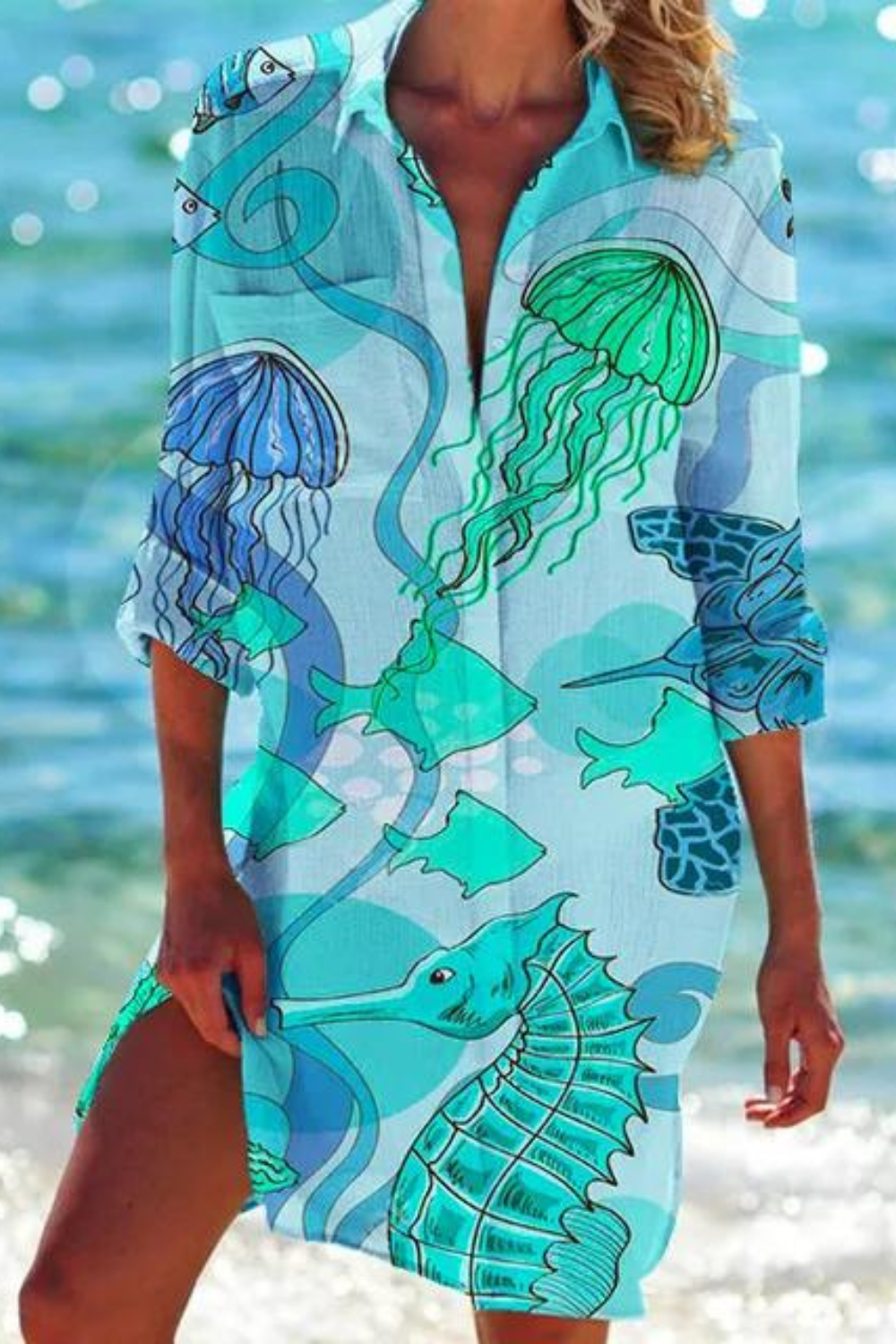 Marine Print Button-Down Beach Cover Up for Women
