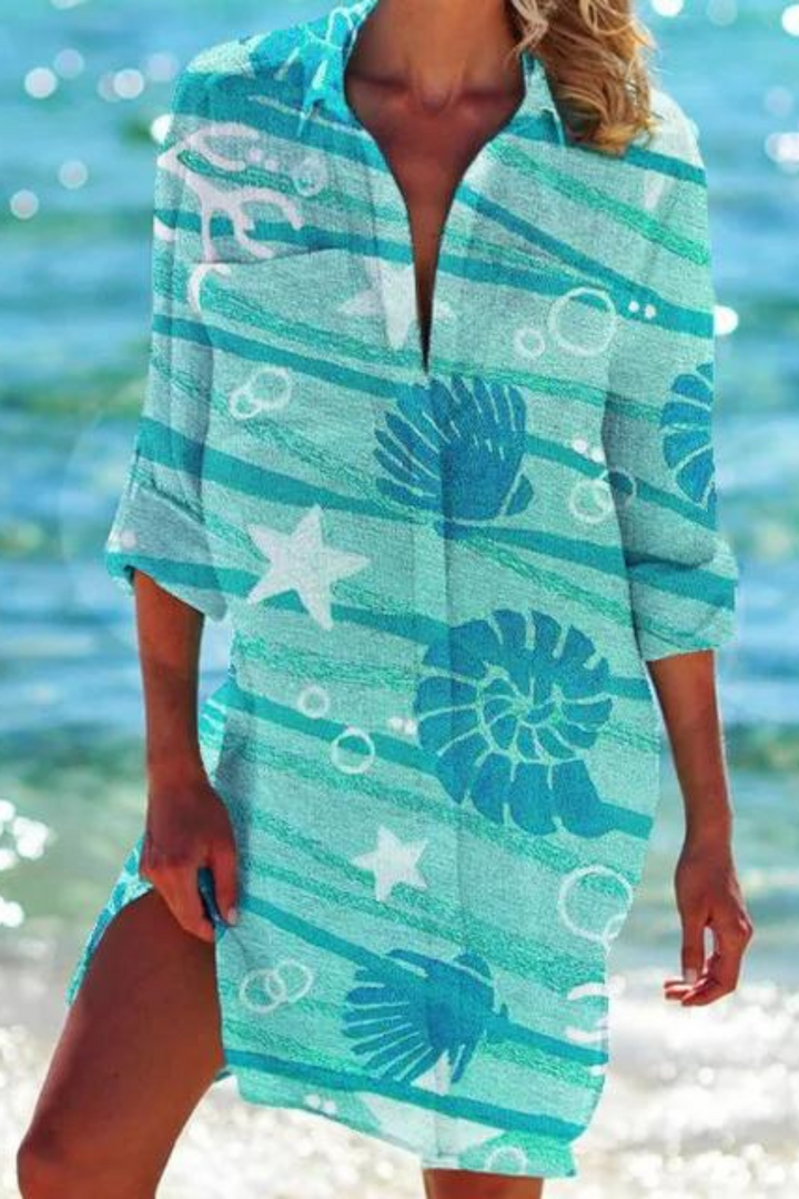 Marine Print Button-Down Beach Cover Up for Women