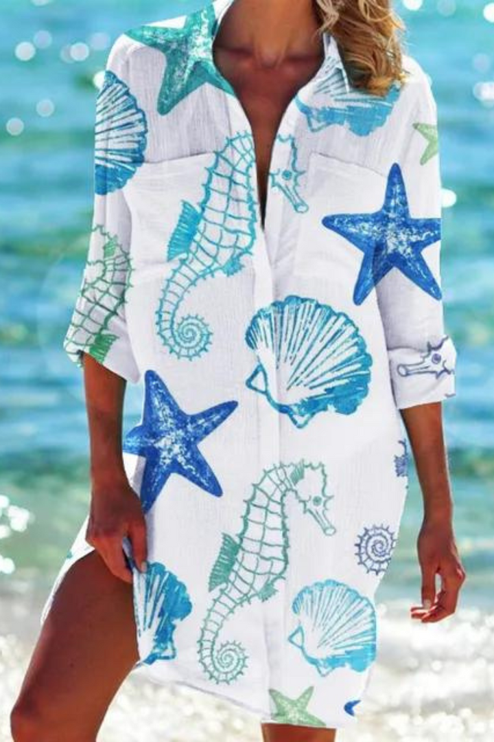 Marine Print Button-Down Beach Cover Up for Women