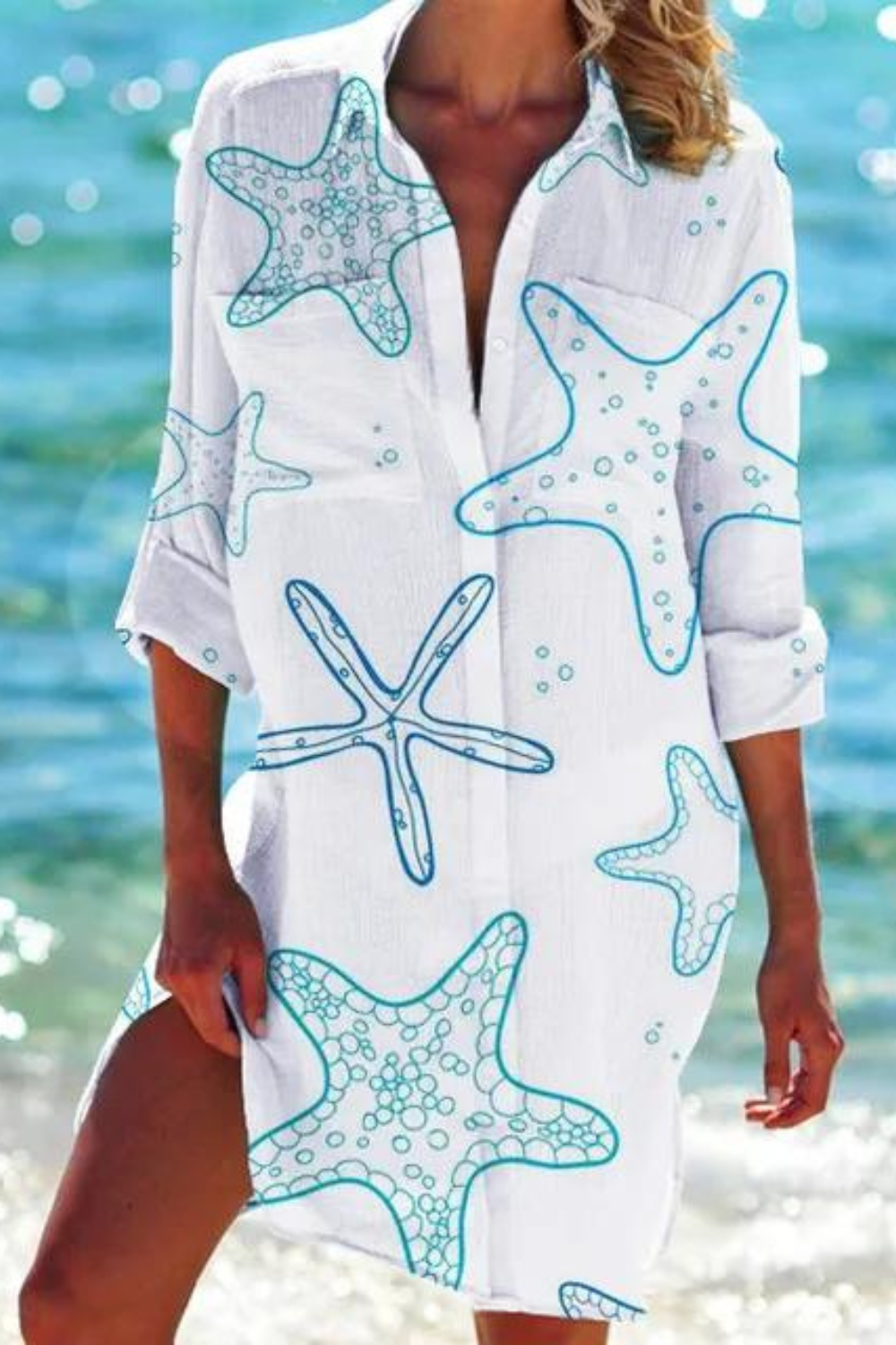 Marine Print Button-Down Beach Cover Up for Women