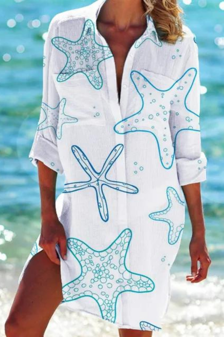Marine Print Button-Down Beach Cover Up for Women