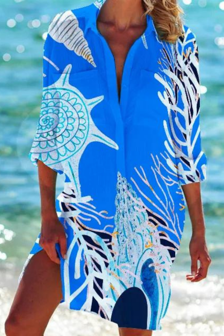 Marine Print Button-Down Beach Cover Up for Women